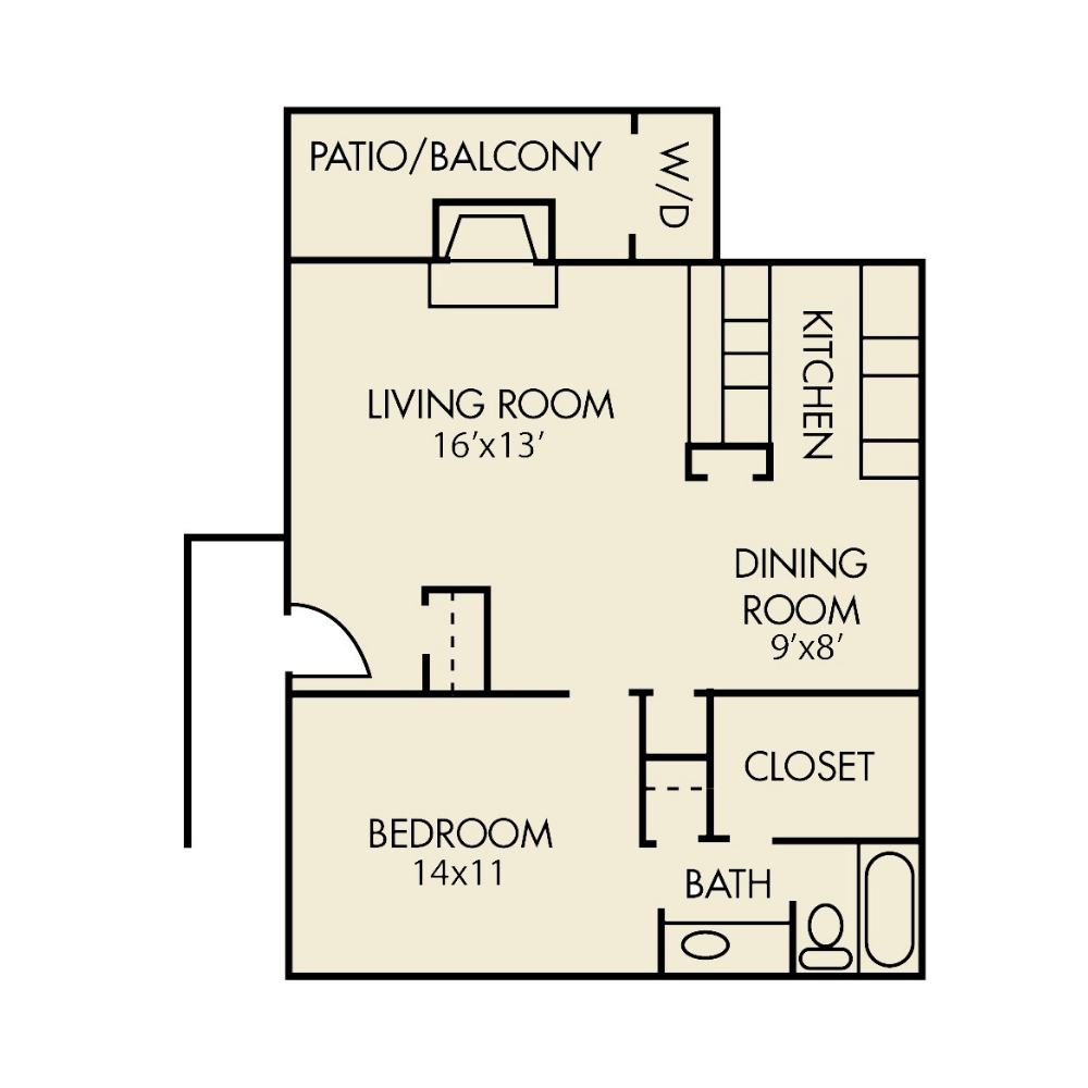 Arbors at Boerne Apartments floorplan B with 1 bed, 1 bathroom and 786 sq. ft.