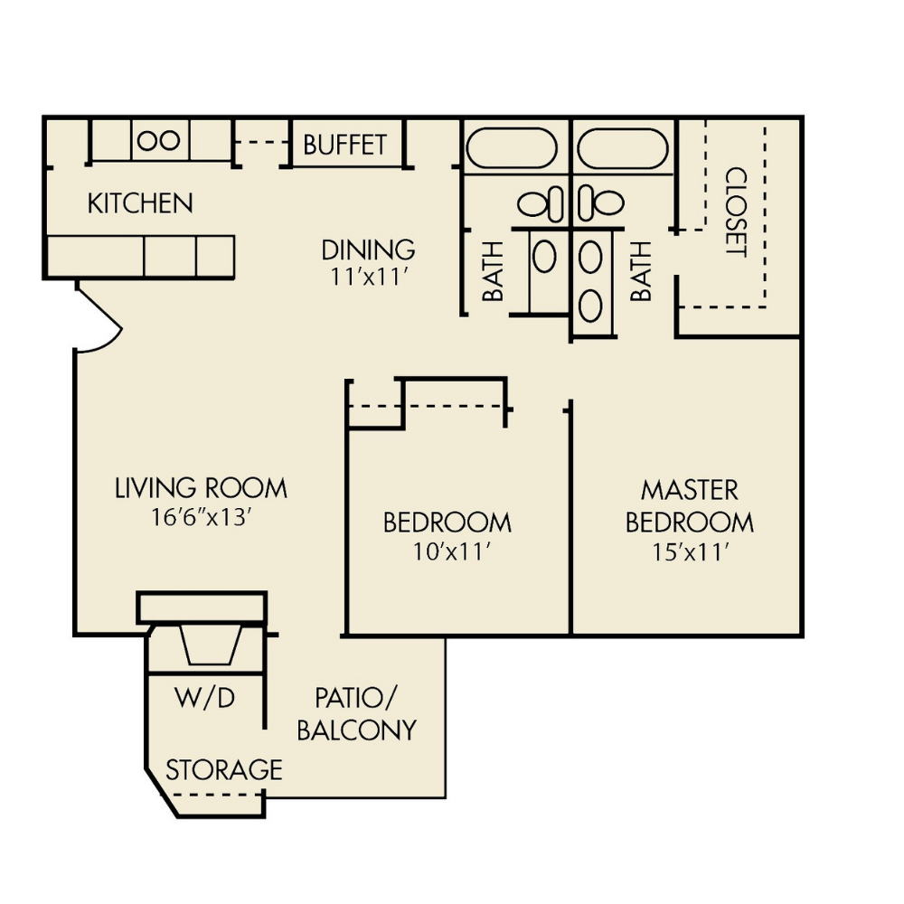 Arbors at Boerne Apartments floorplan E with 2 bed, 2 bathroom and 962 sq. ft.