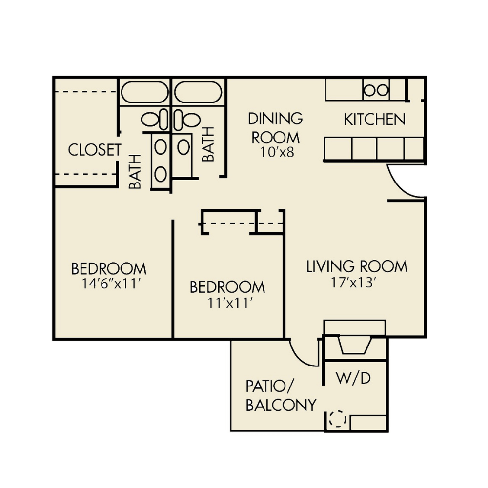 Arbors at Boerne Apartments floorplan F with 2 bed, 2 bathroom and 1020 sq. ft.