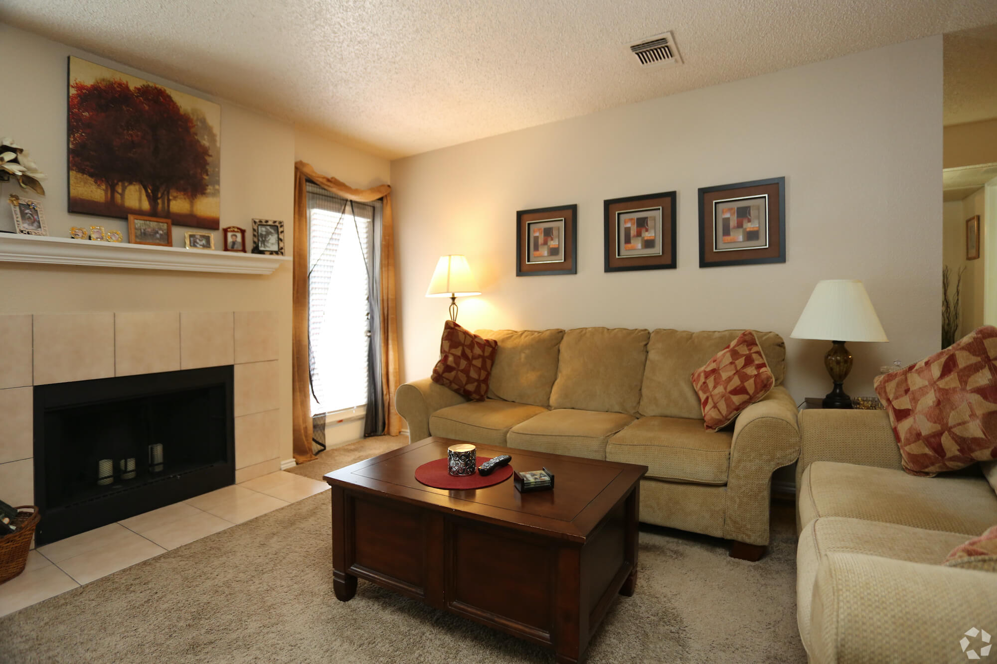 Arbors of Boerne Apartments living room and fireplace area.