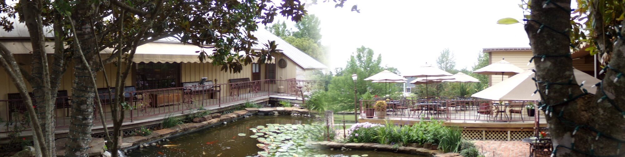 A pond with lily pads surrounds an outdoor eating area with tables, chairs and umbrellas.